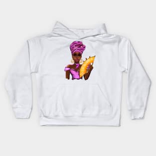 Queen Black is beautiful Anime Manga black girl with Purple headdress, necklace, earrings, gold dress and head wrap, brown eyes and dark brown skin ! Kids Hoodie